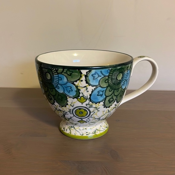 Anthropologie White, Green, and Blue Boho Marbled Floral Ceramic Mug - Picture 2 of 7
